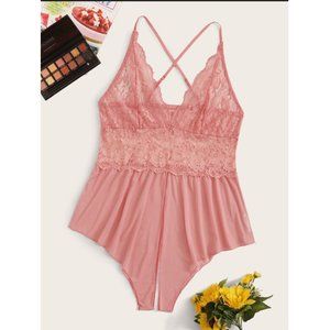 Plus Contrast Lace Crotchless Romper Bodysuit